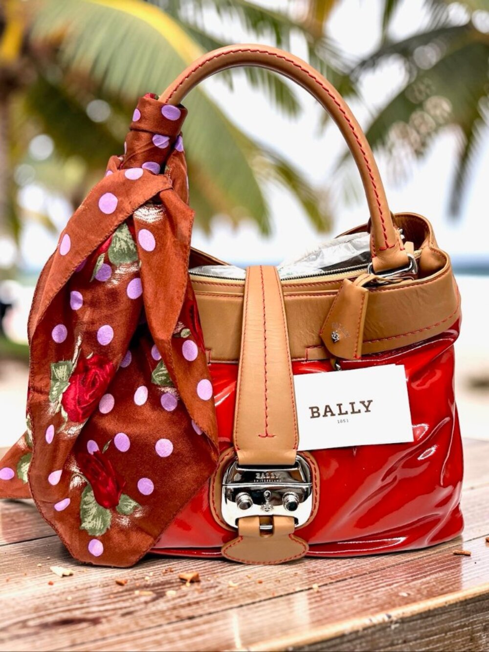 Classic 1831 Bally Switzerland Patten Leather Shoulder Lg Bag Red Lock+ Scarf(7 - Picture 2 of 16